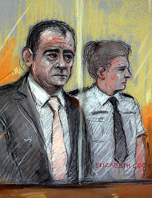 Court artist sketch of actor Michael Le Vell in the dock. 
