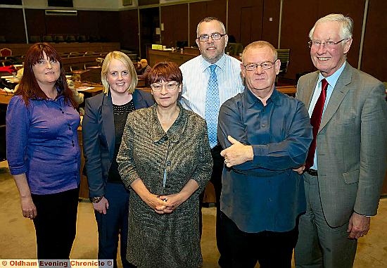 Question time at Oldham Civic Centre Council (l-r) Cllr Diane Williamson, Cllr Amanda Chadderton, Christine Blower (NUT national general secretary), Alan Gibbons (author), Allan Beswick (chair) and Michael Meacher MP.