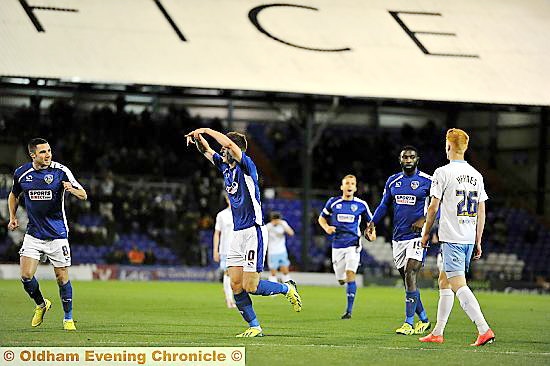 FLYING START . . . Danny Philliskirk celebrates his opening goal for Athletic in the ninth minute.