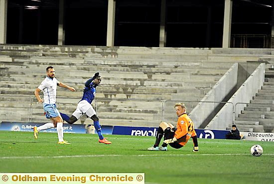 Jonathan Forte slots home against Coventry last night. The Athletic striker added a second to take his tally to 10 goals in 12 appearances. 