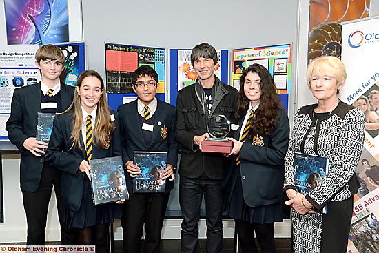 Professor Cox and the winners of the poster competition, from left, Brendan Hill, Rebecca Morton, Rezaul Karim, and Amelia Hall with professor Rothwell