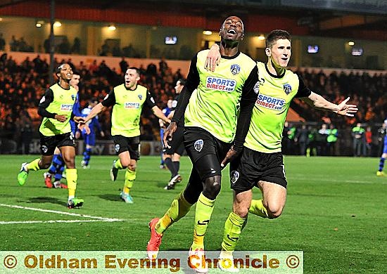 Jonathan Forte and Danny Philliskirk celebrating his penalty goal against Rochdale