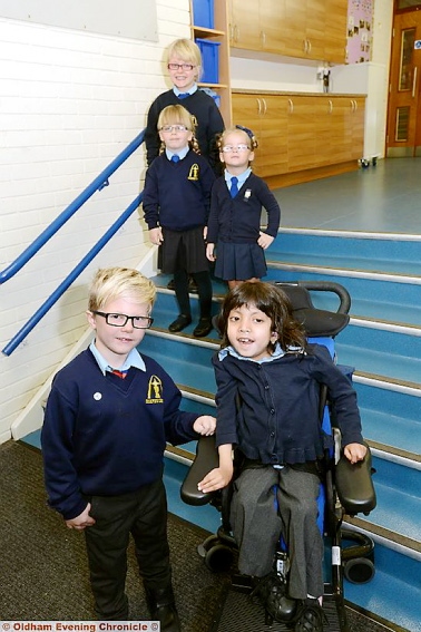 DELIGHTED . . . Corpus Christi pupils Riley Parrish and Ilsa Ul-Haq (front) with (back, from left) Lillie Mae Morrison Bardsley, Caitlin Royles and Lollii-Jai Stenchion