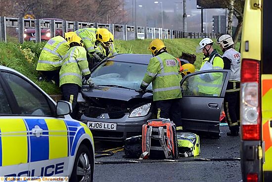 The crash scene at Wellington Street, Oldham involving a Mitsubishi Colt.