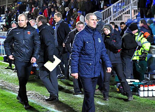 Sam Collins and Paul Murray at the end of the FA Cup game against Blyth Spartans. Picture by FRANK REID