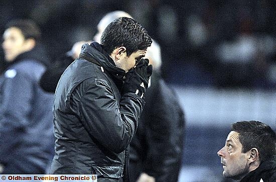 SHEER DESPAIR: manager Lee Johnson can’t believe it as Athletic give Shrewsbury their second goal yesterday. Picture by VINCENT BROWN. 
