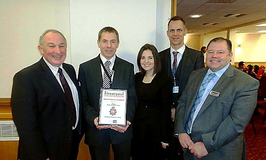 WINNING team: Alan Webster (head judge) DC Stuart Kay, DC Elaine Robinson, forensic scientist Daren Greener and Phil Vanes BM Polyco (sponsor) 
