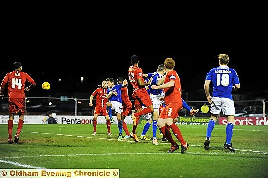 RAY OF HOPE . . . Charlie MacDonald reduces Athletic’s arrears in the second half, but an equaliser wasn’t to be.