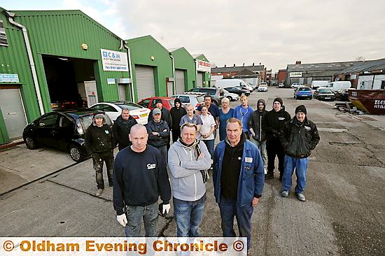 FORCED out: (from left) Robert Haslop (C&M MOT test station), Graham Whitehead (KMO Medical and Dental Laboratory), Harold Cleworth (Cleworth Motors) with fellow business owners and employees 