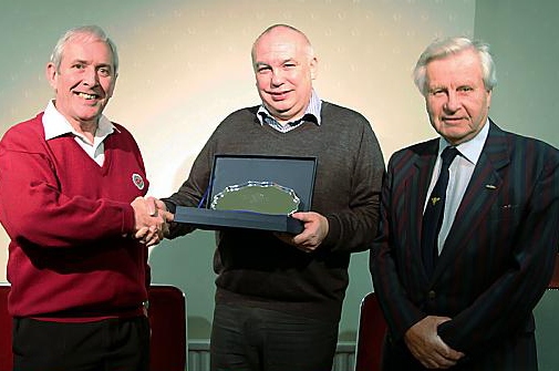 FAREWELL . . . chairman John Watts (left) and president Malcolm Hill (right) present Damian Cunningham with a silver plate to mark his long service
FAREWELL . . . chairman John Watts (left) and president Malcolm Hill (right) present Damian Cunningham with a silver plate to mark his long service