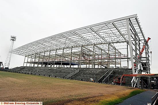 BUILDING THE FUTURE: Athletic’s new North Stand continues to take its impressive shape at Boundary Park. Now running the full length of the pitch, when seats are installed it will hold over 2,600 supporters. 