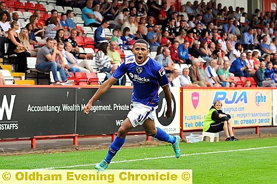 FLYING START . . . Cristian Montano celebrates his stunning goal at Stevenage.