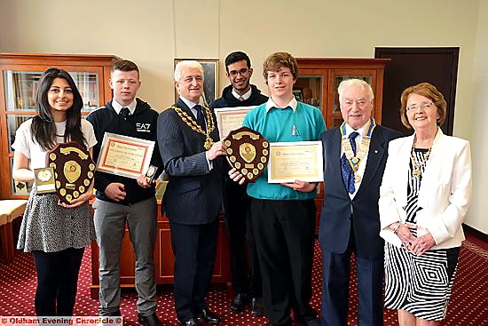 AWARD-WINNERS . . . (from the left) Mariam Inayat (Oldham Student of the Year, 16-plus), Thomas Sheehy (runner-up, 16-plus), Mayor of Oldham Councillor John Hudson, Marouf Ahmed (runner-up, Year 7-11), T-Jay Turner (Student of the Year, Year 7-11), Derek Berryman (Rotary Club of Oldham president) and Mayoress Kathleen Hudson Award honour for students AWARD-WINNERS . . . (from the left) Mariam Inayat (Oldham Student of the Year, 16-plus), Thomas Sheehy (runner-up, 16-plus), Mayor of Oldham Councillor John Hudson, Marouf Ahmed (runner-up, Year 7-11), T-Jay Turner (Student of the Year, Year 7-11), Derek Berryman (Rotary Club of Oldham president) and Mayoress Kathleen Hudson Award honour for students