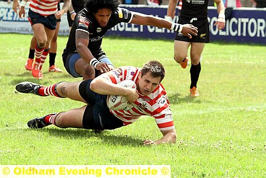 UP AND RUNNING . . . Phil Joy (above) makes a break for the Gloucester All Golds line, before touching down (right) to give Oldham a 12th-minute lead at Whitebank. 