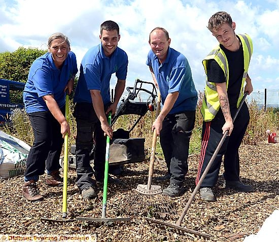 Chief executive of Groundwork Oldham and Rochdale, Vicki Devonport (left) and staff get to work at Fullwood Nature Reserve, Sholver to see how it's done. With Vicki are left to right, Lee Chatburn (Groundwork green team supervisor), Dave Parker (NEAT supervisor), Jonathan Lockley (green team worker).