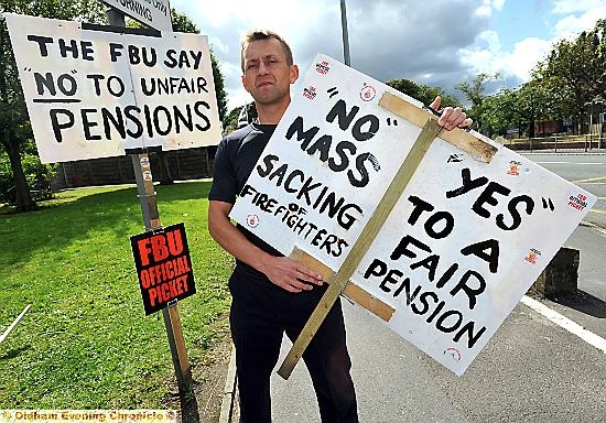 Fire Brigade Union (FBU) representative Dave German at Chadderton Fire Station picket line.