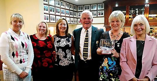 SADDLEWORTH prize time . . . from left: Debra Cockburn, Pam Taylor, lady captain Julie Ward, President Allan Entwistle, lady vice-captain Pam Tomlinson and Sybil Bate.