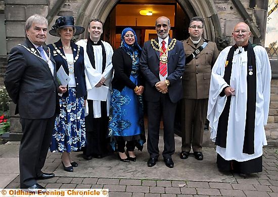 St John the Baptist Church,Hey candlelit vigil for WW1.

(l-r) Cllr Bill Cullen Chair Consort and Cllr Enid Firth Chair of Saddleworth Council,Rev Stephen Nolan,Mayor and Mayoress Fida and Tanvir Hussain,Capt The Rev Paul Robinson and Rev Canon Richard Hawkins.