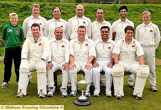 CHAMPIONS. . . Glodwick CC, Luke Parkinson (back row, left) Matt Parkinson, Anees Ur Rehman, Mehmood Ul-Hassan, Shahid Mahmood, Bilal Malik, Jamie Symonds, Mark Whitehead (front, left), Imran Asghar, Nigel Stock (captain), Rehan Rafiq (professional), Franco Lenhardt. Not pictured: Brad Heap, Adam Brown.