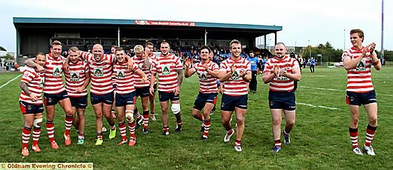 HEADING TO HEADINGLEY: Oldham players celebrate after booking their place in the Championship One Grand Final.
