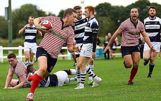 MATCHWINNER . . . Oldham’s Will Mellor scores his team’s third and decisive try in their victory at Trafford. Picture: TIM ABRAM.
