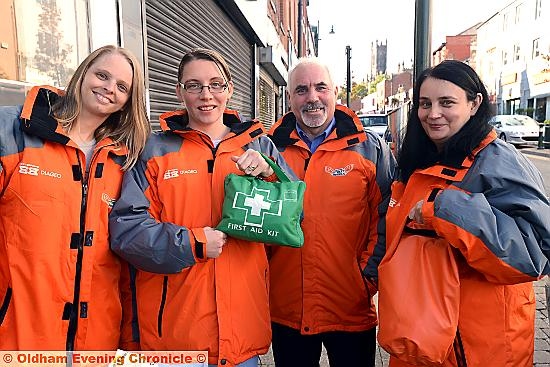 EASING the pressure on A&E . . . Oldham Street Angels (from the left) Hannah Land, Kay Barton (A&E nurse), Chris Molden and Sarah Furbey