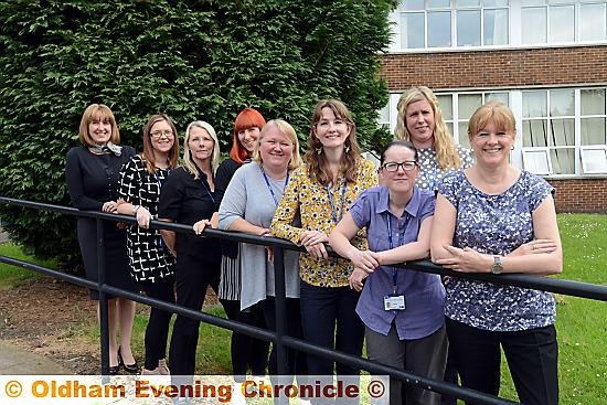 Finalists: Hearing Resource Centre staff at Hathershaw College, Left to right, Liz Taylor, Jenna Williams, Amanda Owen, Gemma Jones, Dawn Moran, Caroline Pollitt, Lisa McWhirter, Christine Burnett (manager).