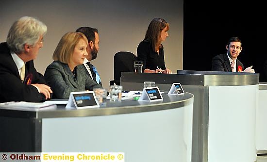 By-election hustings at the Grange Arts Theatre at The Oldham College. PIC shows Jim McMahon (Labour) in altercation with John Bickley (UKIP).