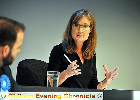 By-election hustings at the Grange Arts Theatre at The Oldham College. PIC shows Annabel Tiffin, Chair. 