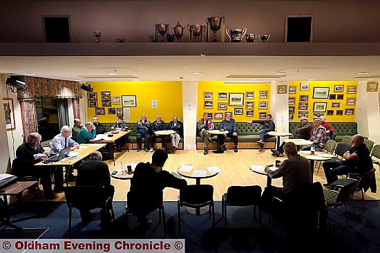 LAST GOODBYE: Club representatives settle down for the final gathering of the Saddleworth and District Cricket League at Well-i-Hole. LAST GOODBYE: Club representatives settle down for the final gathering of the Saddleworth and District Cricket League at Well-i-Hole.