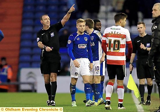 Joseph Mills sees red for a reckless tackle with Athletic leading 2-0. Two Doncaster goals followed the defender’s dismissal.
