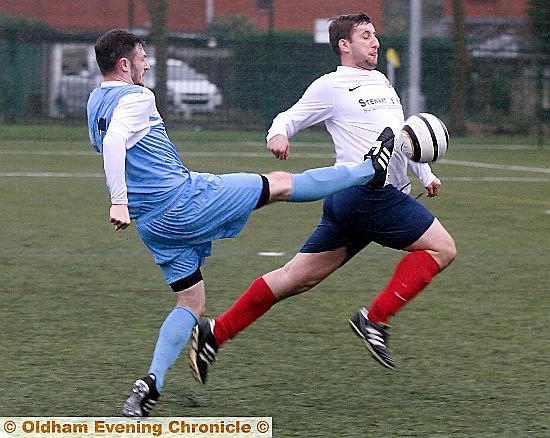 FOOT UP: Heyside’s Daniel Dunne (left) tries to halt an opponent.
FOOT UP: Heyside’s Daniel Dunne (left) tries to halt an opponent.