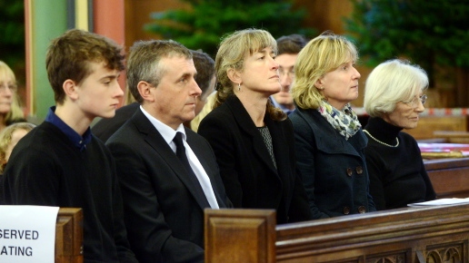 A celebration of the life of Michael Meacher . . . from left, Mark Arnold-Forster (grandson), Josh Arnold-Forster (son-in-law), Sally Meacher (daughter), Helen Sawyer (step-daughter) and Lucianne Meacher (widow)