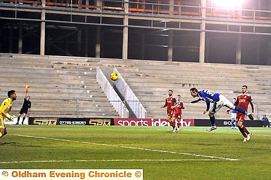 Rhys Murphy powers in a header - but the sub was offside. 