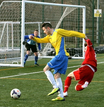 GOAL ACE . . . Karl Valentine in full flight for Royton. GOAL ACE . . . Karl Valentine in full flight for Royton.