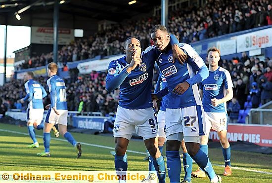 Amari-Morgan Smith (right) celebrates his goal with ÛÛDominic Poleon. PICTURE by ALAN HOWARTH Amari-Morgan Smith (right) celebrates his goal with ÛÛDominic Poleon. PICTURE by ALAN HOWARTH