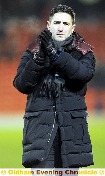 THANKS: Lee Johnson applauds the travelling Athletic fans after the final whistle.