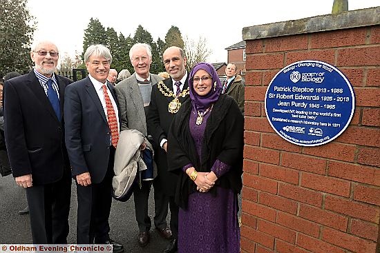 Unveiling the Blue Plaque outside Dr Kershaw’ Hospice to mark the development of IVF and the test-tube baby by Patrick Steptoe, Jean Purdy and Sir Robert Edwards are (from the left) Vernon Cressey, chairman of Dr Kershaw’s), Prof Andrew Steptoe, son of Patrick Steptoe; Michael Meacher MP, the Mayor, Councillor Fida Hussain, and the Mayoress, Tanvir Hussain.