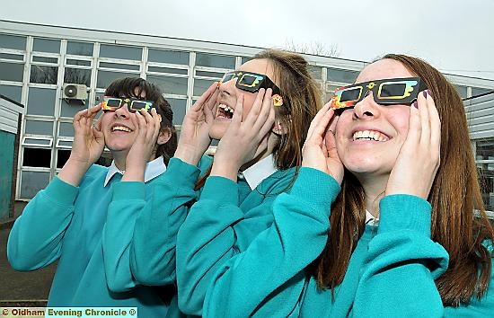 GLASSES at the ready; (l-r) Ellen Holden (14), Hannah Mallon (15) and Rebecca Trelfa (15). 