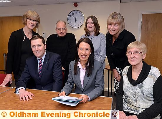 A FAIRER Oldham . . . (back, from left) Jackie Greenfield (VAO), Martin Larkham (Oldham Trades Council) Carol Blake (Greater Manchester Coalition of Disabled People) and Jayne Clarke (principal of Oldham Sixth Form College). Front: David Hayes (Oldham Association of Secondary Heads and Principals), MP Debbie Abrahams and Councillor Linda Thompson