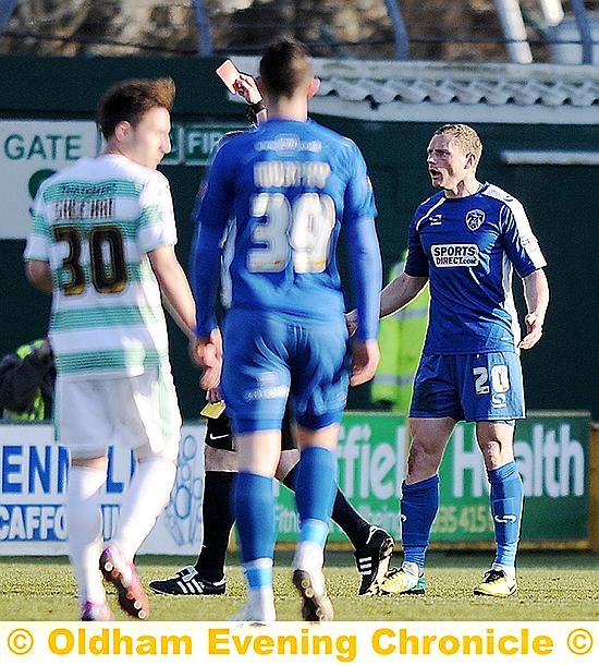 I DON’T BELIEVE IT: Athletic defender Brian Wilson is given his marching orders by referee Lee Collins (partially hidden) in the second half against Yeovil. I DON’T BELIEVE IT: Athletic defender Brian Wilson is given his marching orders by referee Lee Collins (partially hidden) in the second half against Yeovil.