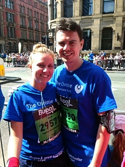 FINISH line: Erin Heywood and Andy Rudkin following the Manchester 10k run