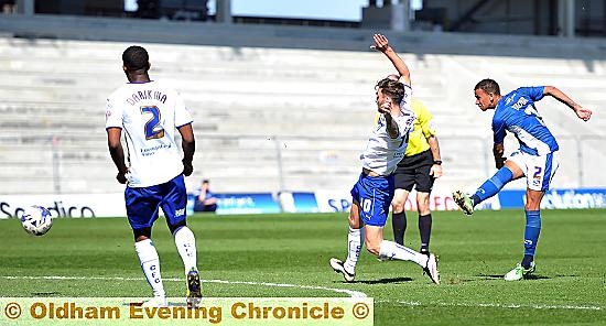 CLOSE CALL: Connor Brown fires in a shot at goal, which he saw tipped round a post by visiting ’keeper Tommy Lee.