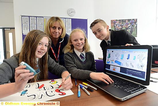 USING their experiences:(l-r) Kya Woods, Debbie Longley (respiratory nurse, Oldham's Children's Community Nursing Service), Sophie Rawlings and Thomas Donnellan