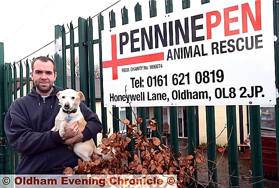 CHARITY boost . . . Pennine Pen Animal Rescue manager Michael Waugh with Chicken the dog CHARITY boost . . . Pennine Pen Animal Rescue manager Michael Waugh with Chicken the dog