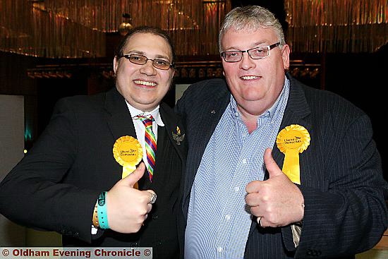 Louie Hamblett and Howard Sykes (right), Lib Dem winners in South ward, Shaw and Crompton. Photo Paul Sterritt