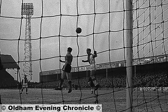 COLIN Whitaker heads the ball over the bar for Athletic against Stockport in January, 1963