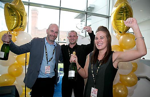 JW Lees area manager Chris Reece, left, with Dan Tomlinson and Pam MacFarlane, assistant manager and manager (Pam) of The Millgate pub, Failsworth.