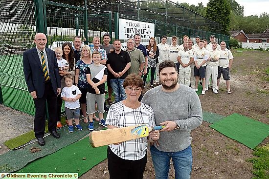 Royton CC Opening of new nets. (l-r) front - Maureen Lewis wife of Trevor Lewis who the nest are named after and Captain Denny Hulme