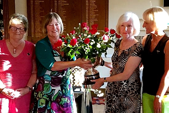 Crompton and Royton Rose Bowl presentation: l-r Lady Captain Marjorie Bray, winners Carol Kay and Edith Jones, and club Lady Vice Captain Linda Haughton.
